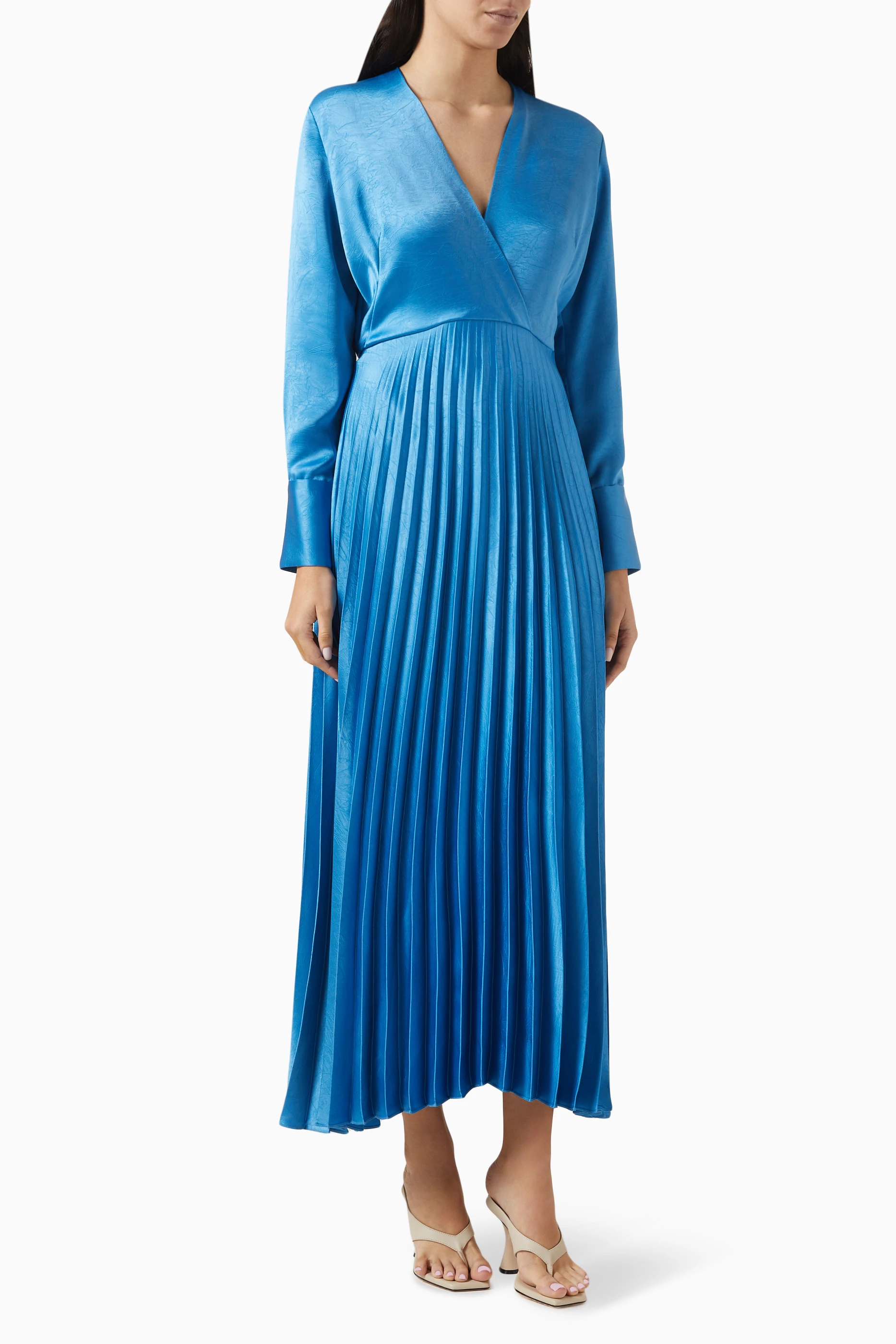 Buy SANDRO Blue Anissa Pleated Maxi Dress in Satin for Women in