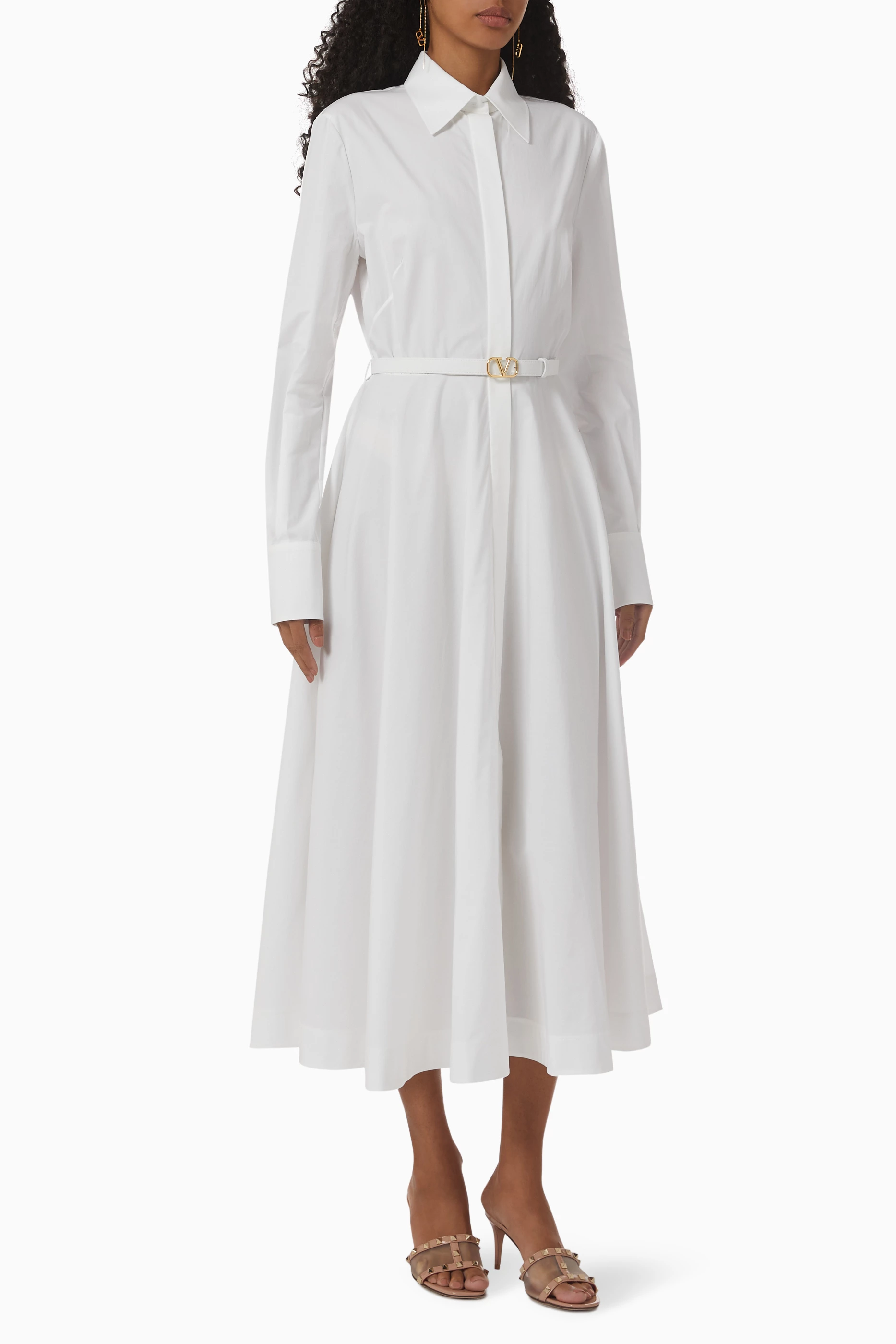 ワンピース VALENTINO WHITE COTTON BLEND DRESS Valentino White Long Sleeve Shirt Dress Size 42/6 - Foxy