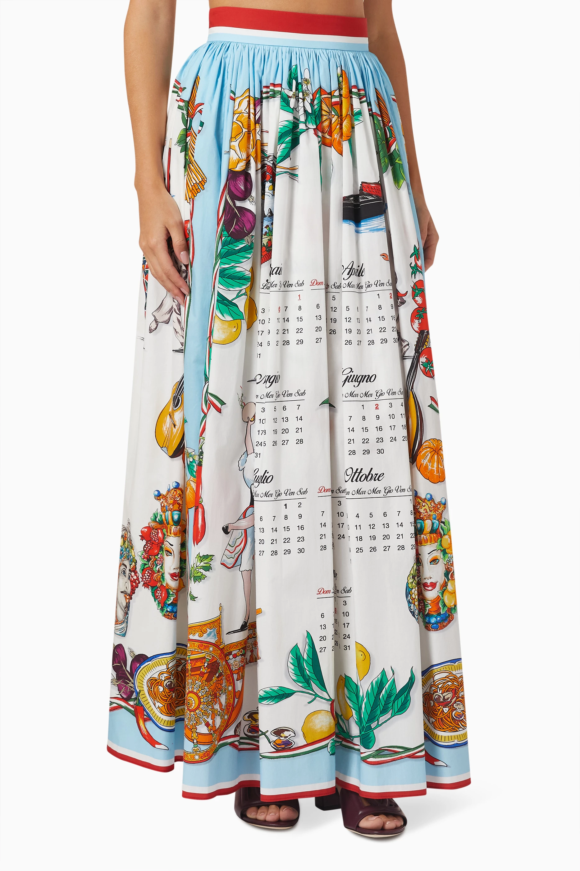 Buy Dolce & Gabbana Red Calendar Print Skirt in Poplin For