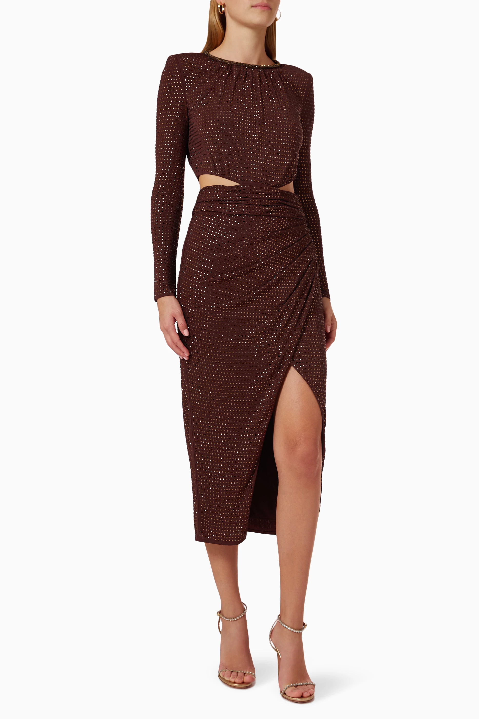 brown self portrait dress Brown Satin Lace Maxi Dress – self-portrait-US main image 1