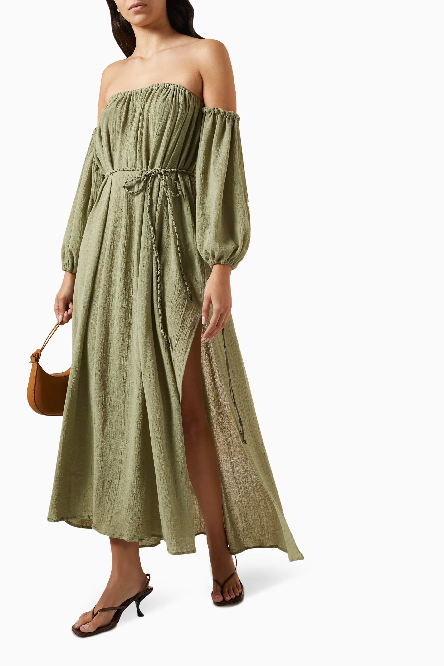 【CARAVANA】kikab オフショルダー cotton-gauze maxi ドレス Buy Caravana Neutral Kikab Off-shoulder Maxi Dress in Cotton