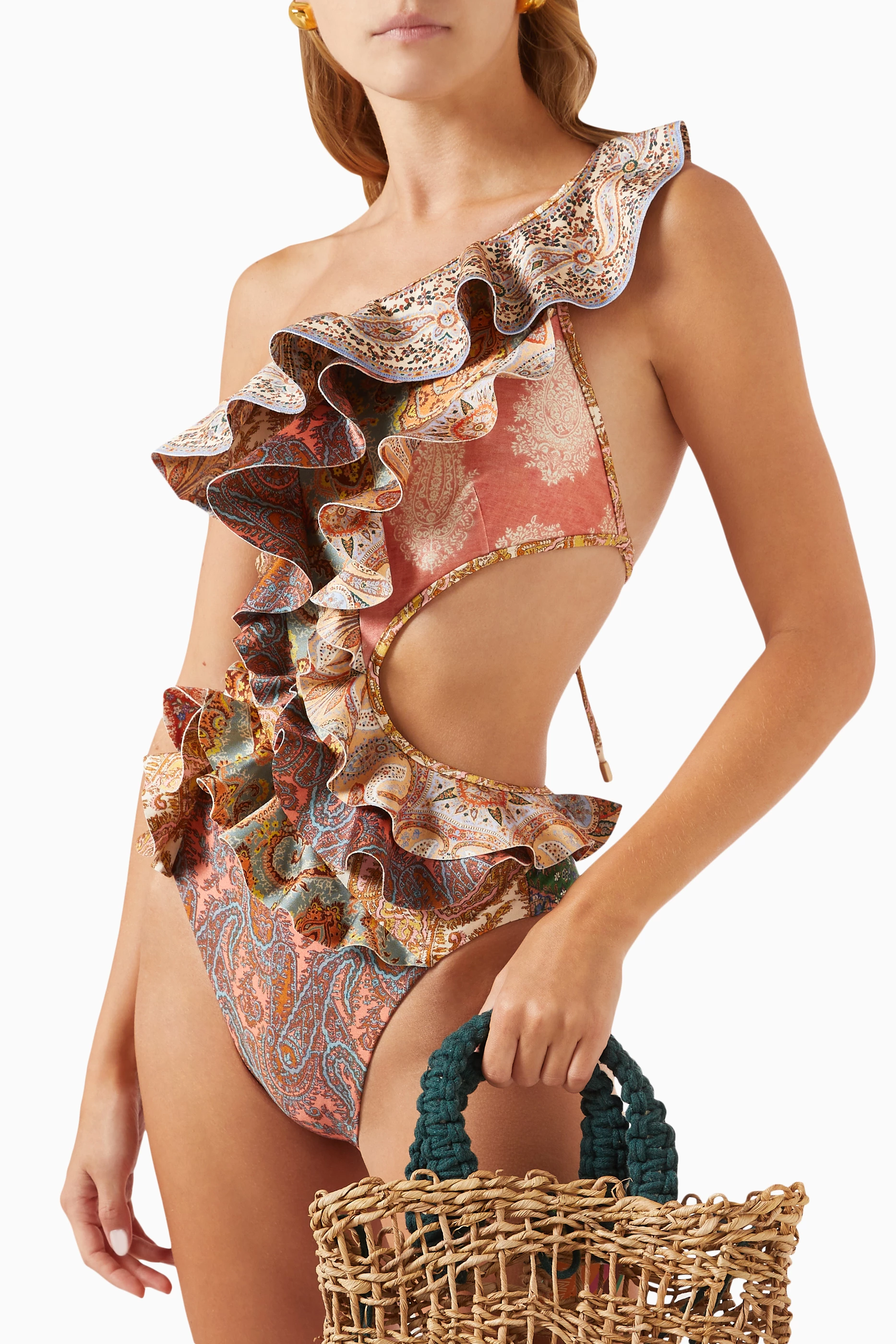 Buy Zimmermann Multicolour Devi Spliced Ruffle One-piece