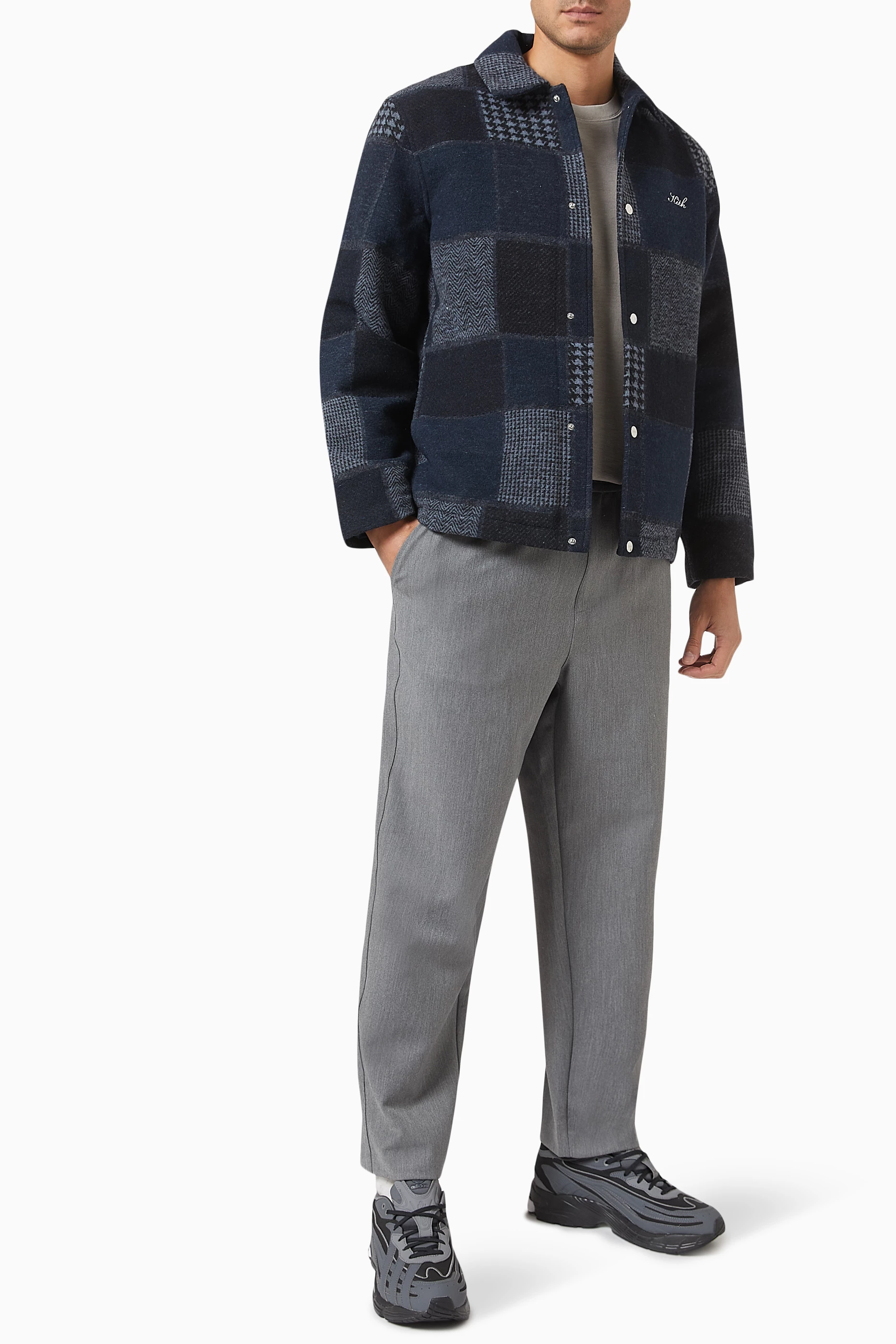 Buy Kith Blue Patchwork Coaches Jacket in Wool-blend For Men