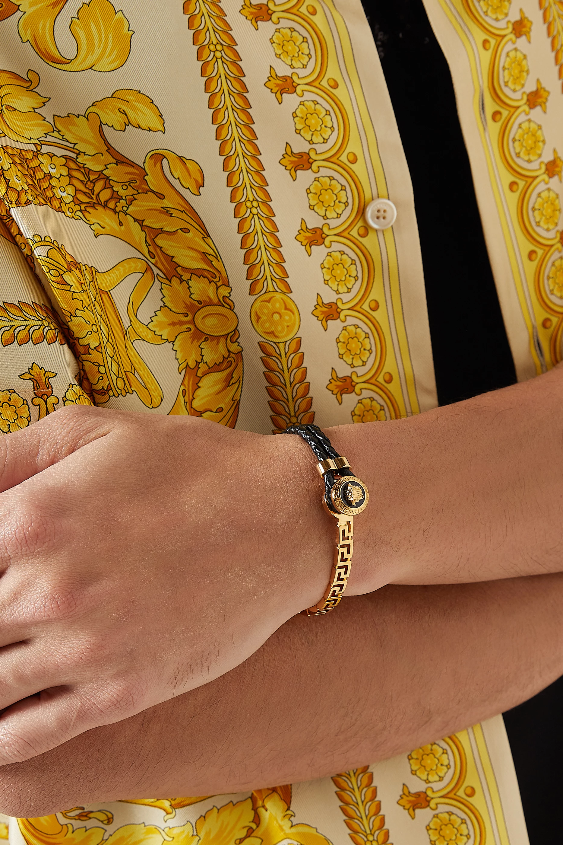 Buy Versace Gold Greca Braided Bracelet in Leather Metal For Men Online Ounass Qatar