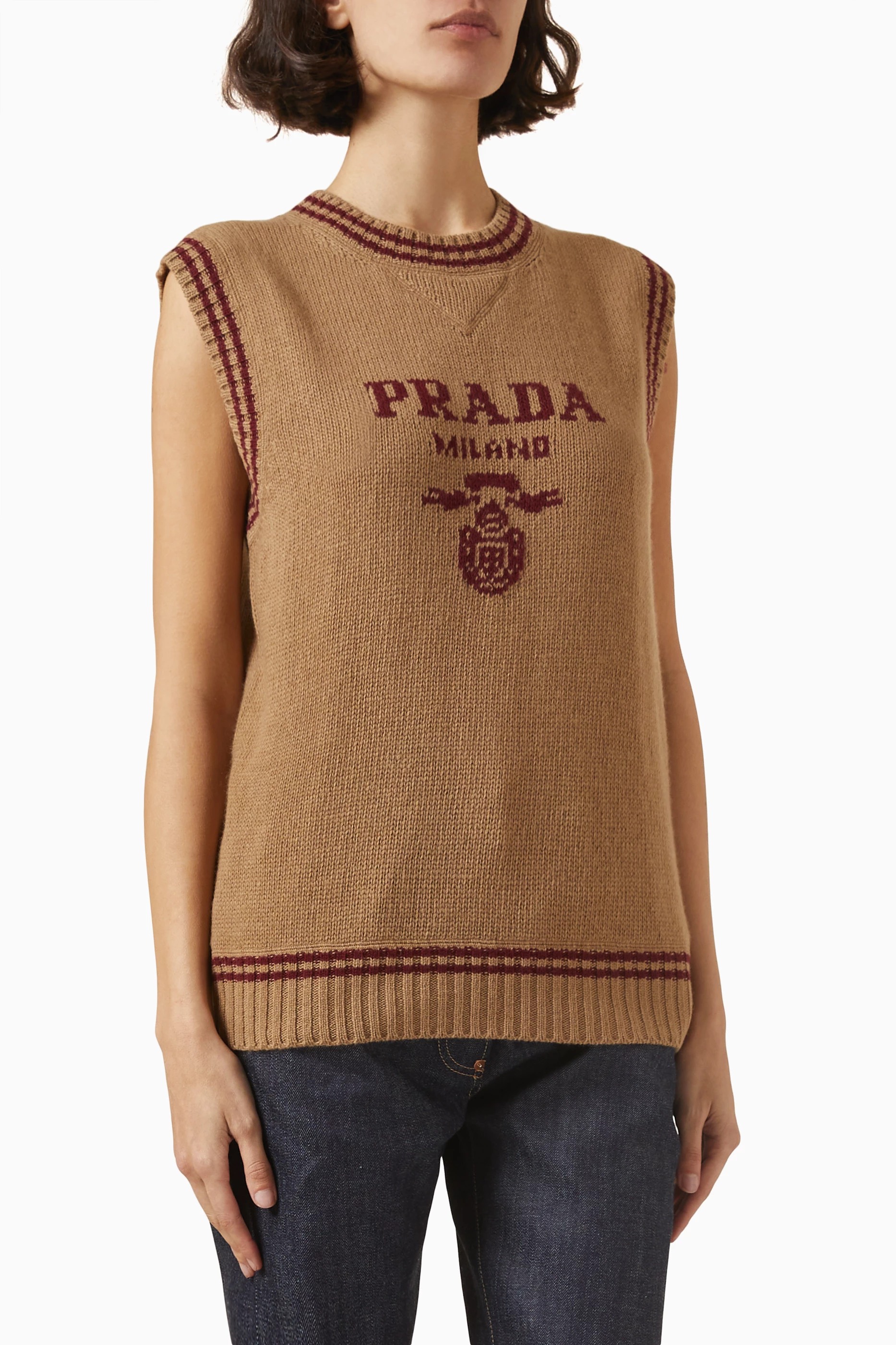 Buy Prada Brown Logo Knit Vest in Cashmere Wool For Women Online