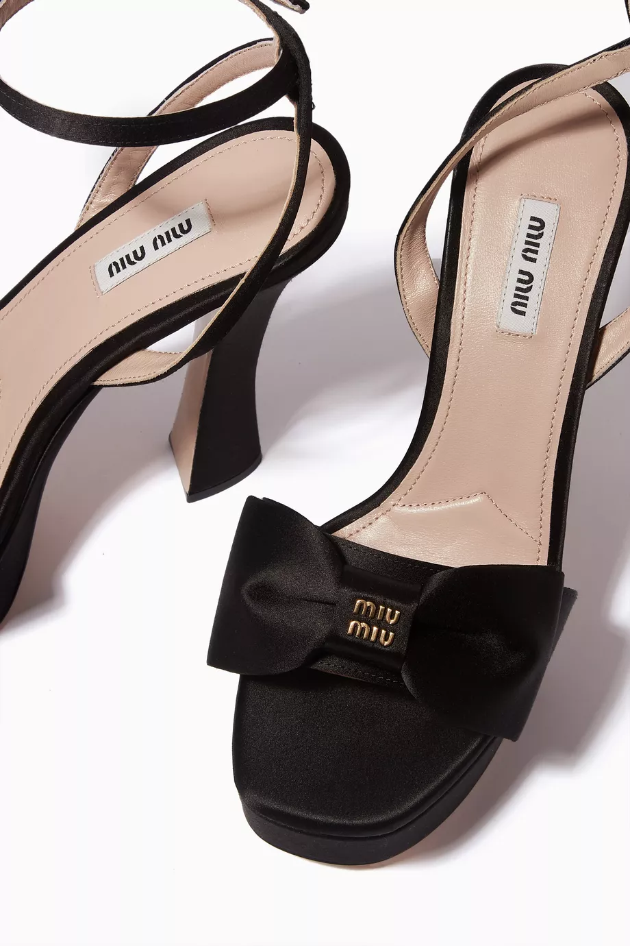 Buy Miu Miu Black Logo Bow 135 Platform Heel Sandals in Satin For