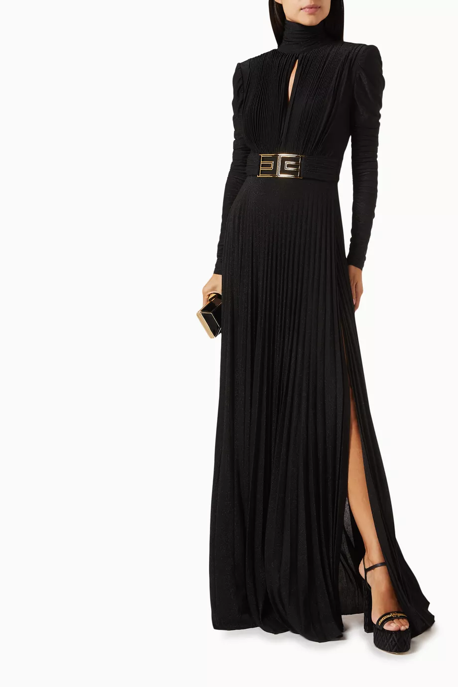 残1点【ELISABETTA FRANCHI】ロングパイソン柄ドレス 黒 Vネック Elisabetta Franchi - Long Model with Bodice - Black - Dress